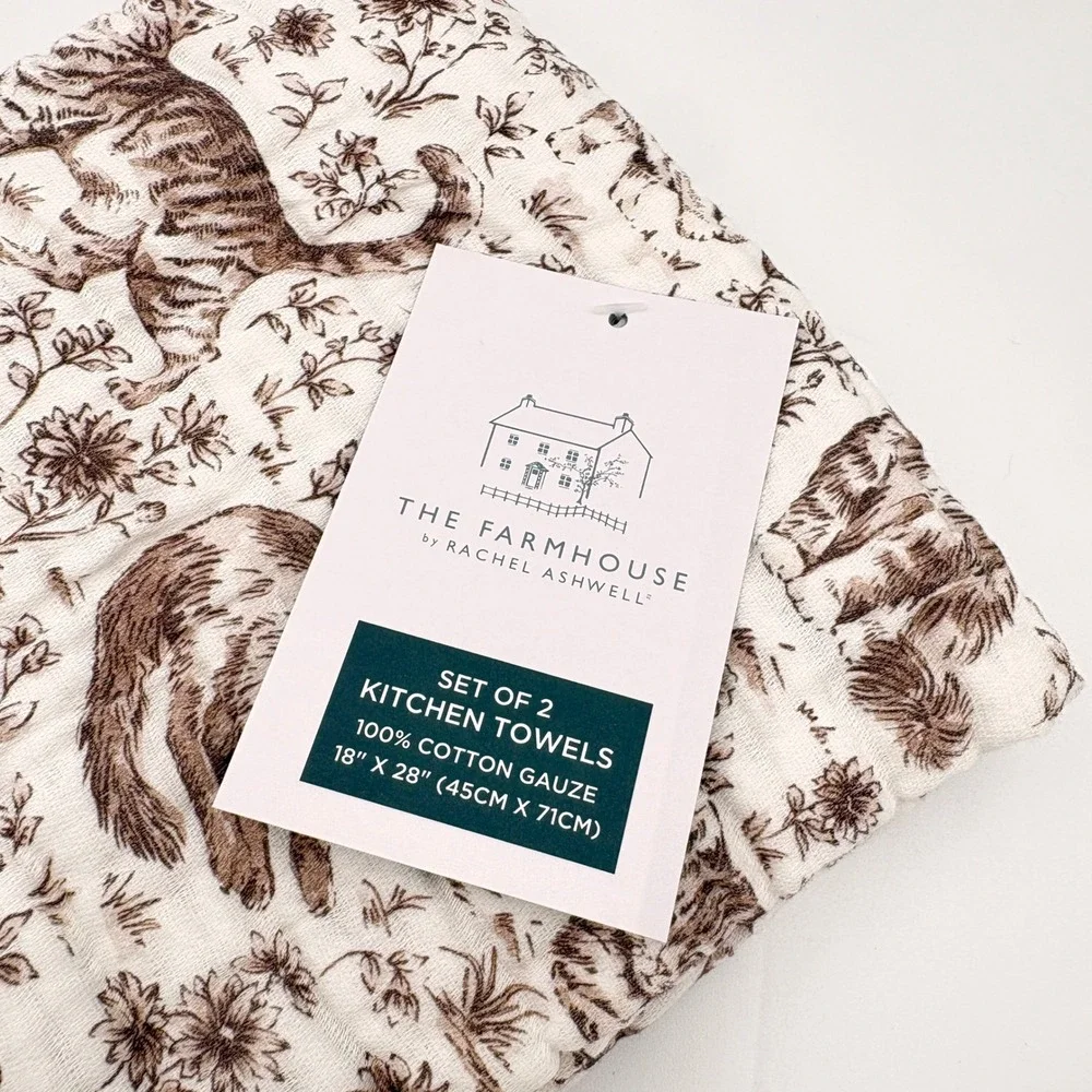 Rachel Ashwell Farmhouse Cat Toile Cotton Gauze Kitchen Towels Set of 2 Brown